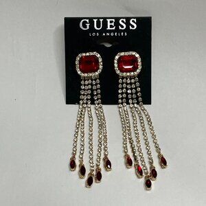 Guess Gold-Tone & Red Crystal Chandelier Earrings With Rhinestone Detailing